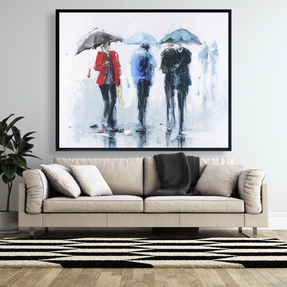 Toile représentant une femme sous une pluie printanière, paysage de rue – Décoration de chambre