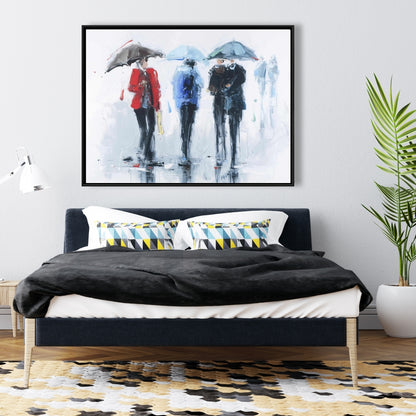 Toile représentant une femme sous une pluie printanière, paysage de rue – Décoration de chambre