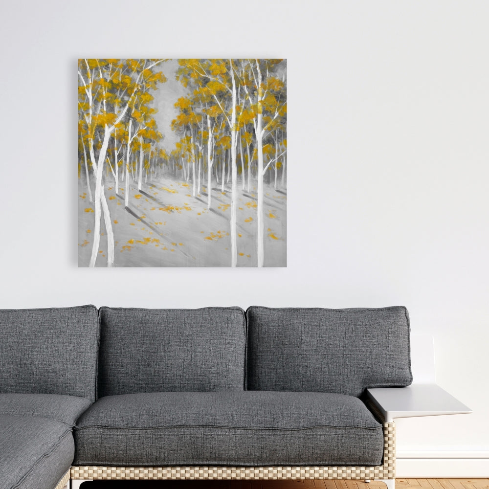 Toile de chambre grise avec forêt de bouleaux jaunes | Décoration contemporaine