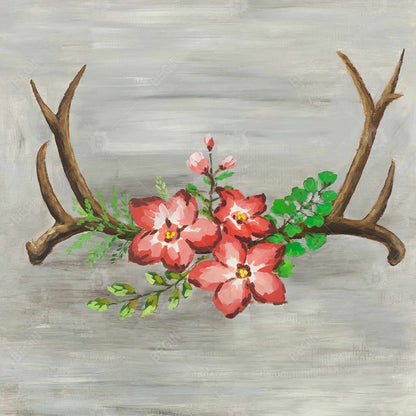 Toile « Cornes de cerf et fleurs roses » | Décoration de chambre animalière