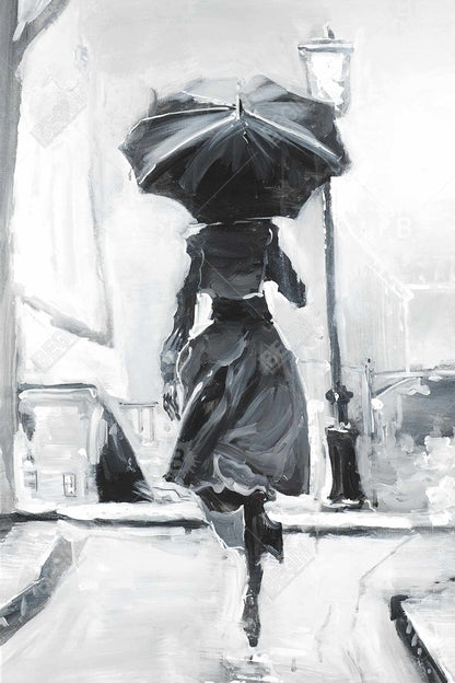 Toile grise figurative | Décoration : Femme courant sous la pluie