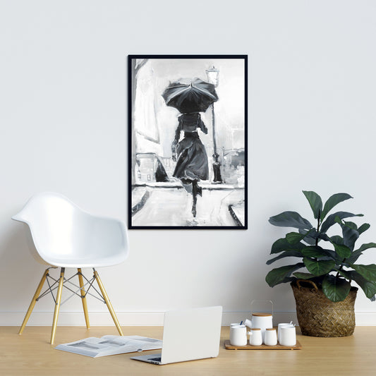 Gray Figurative Object Canvas | Woman Running in Rain Decor