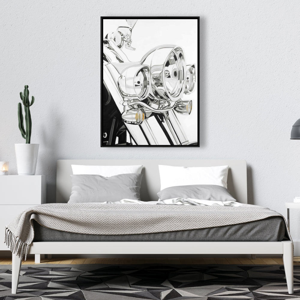 Toile lumineuse moto | Cadre industriel blanc | Décoration d'intérieur