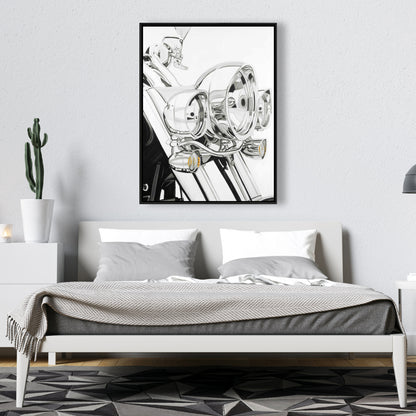 Toile lumineuse moto | Cadre industriel blanc | Décoration d'intérieur