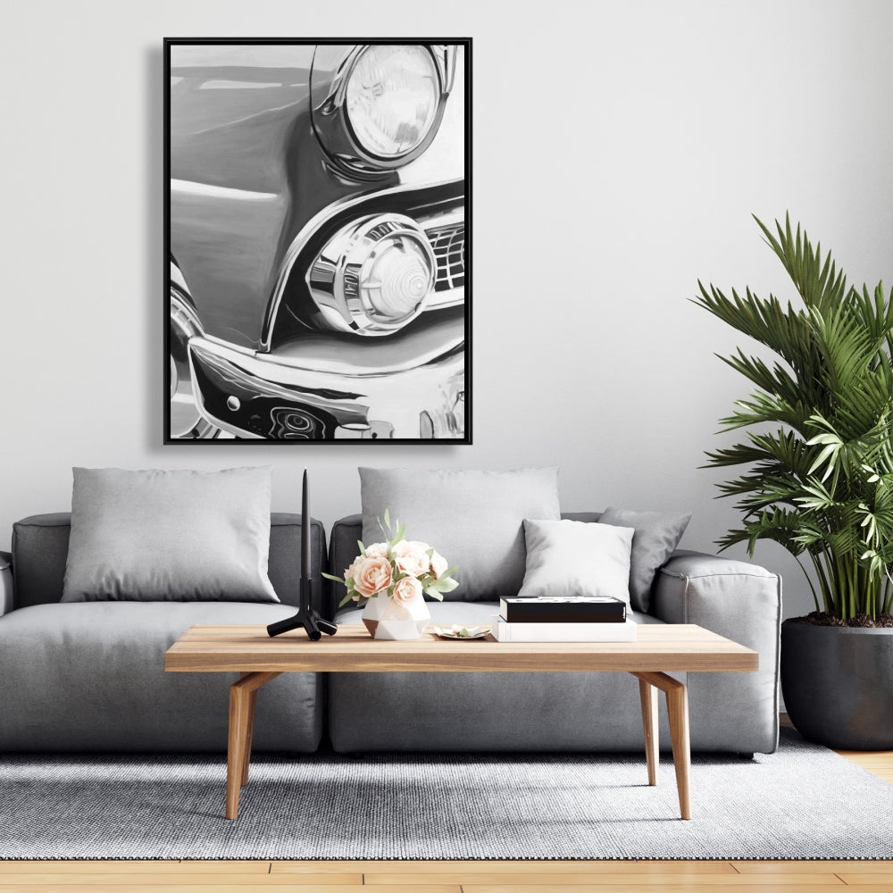Magnifique toile encadrée monochrome représentant une vieille voiture | Décoration d'intérieur