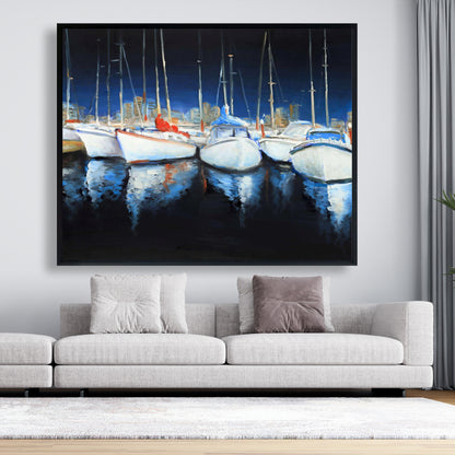 Blue Coastal Bedroom Canvas | Evening at the Marina Framed Art