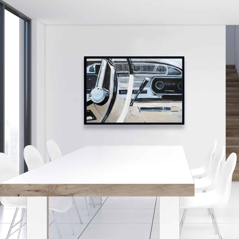 Tableau de bord de voiture des années 1950 sur toile grise | Décoration murale