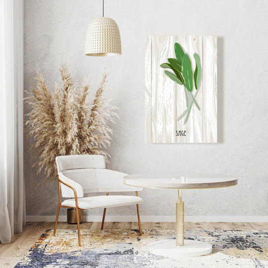 Sauge sur toile de bois | Décoration de cuisine grise | Art gastronomique