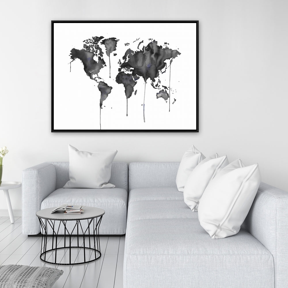 Watercolor World Map Canvas | Blue Framed Home Decor Art