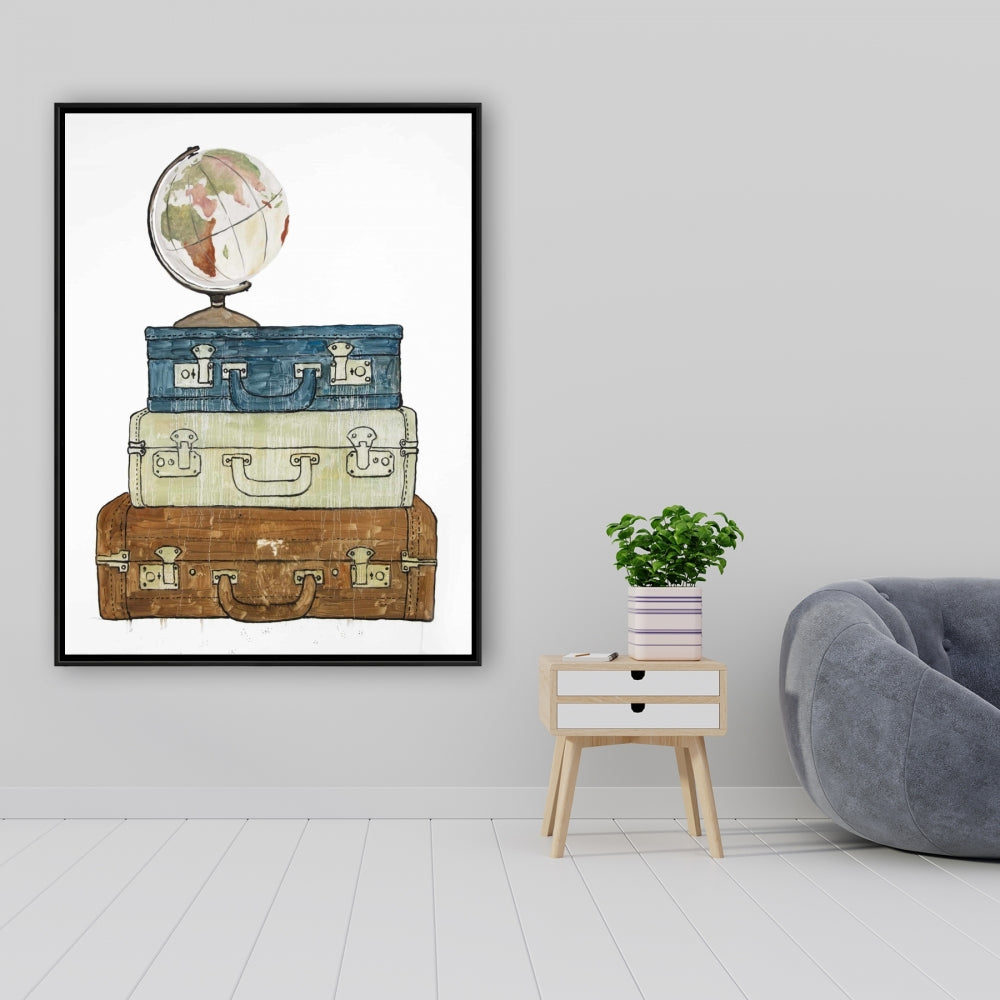 Tour du monde - Toile encadrée bleue pour décoration intérieure