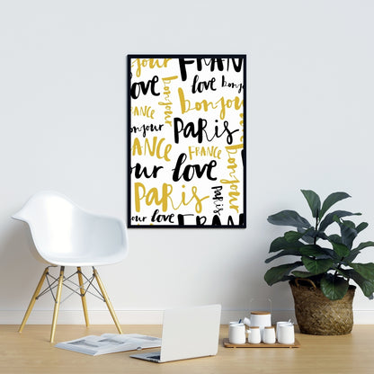 Toile encadrée jaune « Bonjour Paris » | Décoration d'intérieur typographique et symbolique