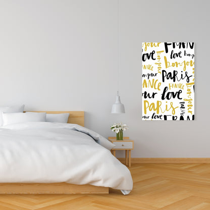 Bonjour Paris Canvas - Yellow Typography Wall Art for Bedroom