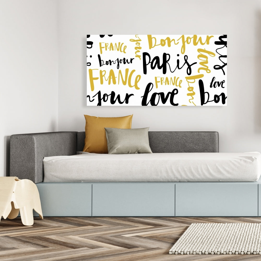 Bonjour Paris Canvas - Yellow Typography Wall Art for Bedroom