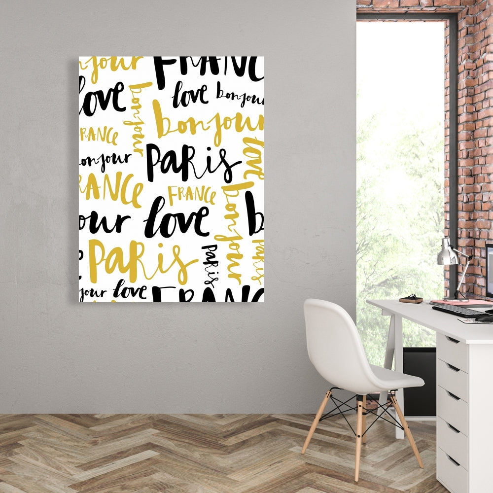 Bonjour Paris Canvas - Yellow Typography Wall Art for Bedroom