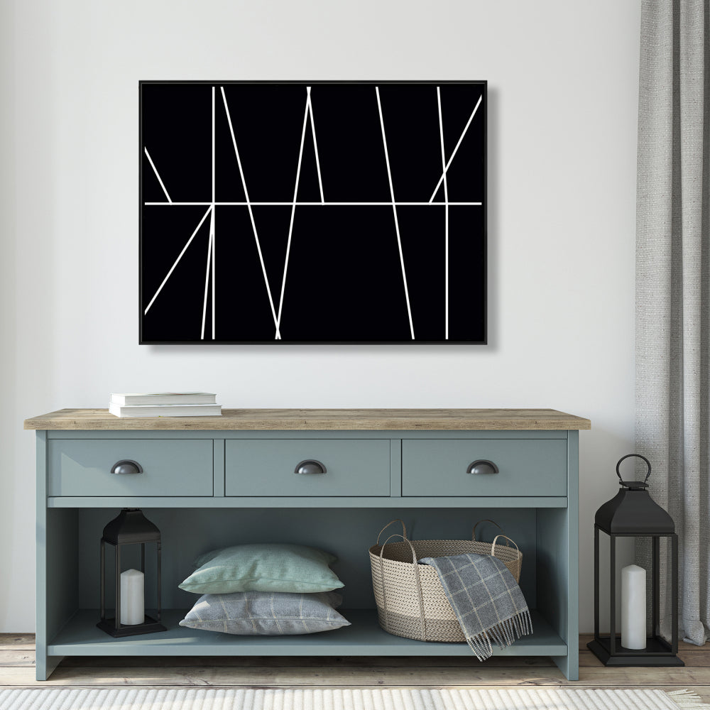 Toile encadrée : Rayures blanches sur fond noir – Décoration d'intérieur moderne
