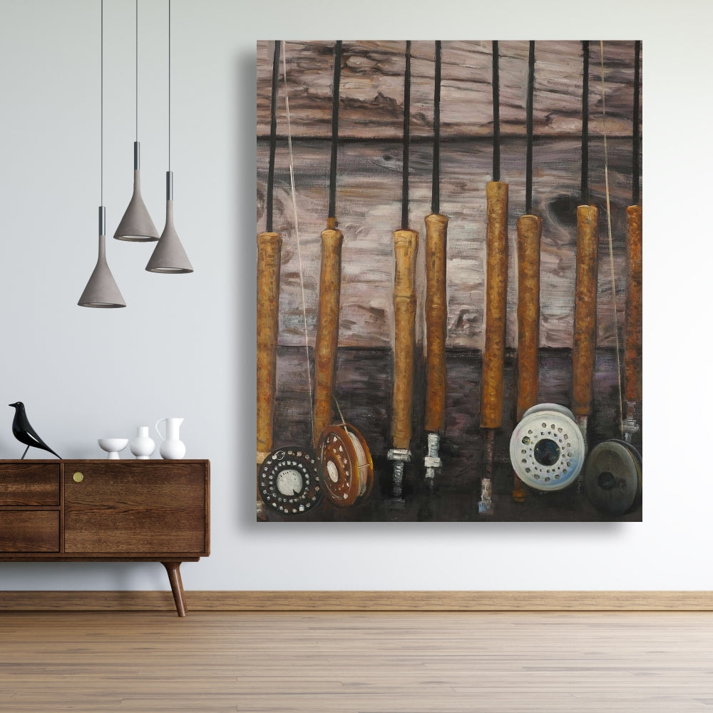 Fishing Rods on Wood Canvas - Brown Living Room Wall Art