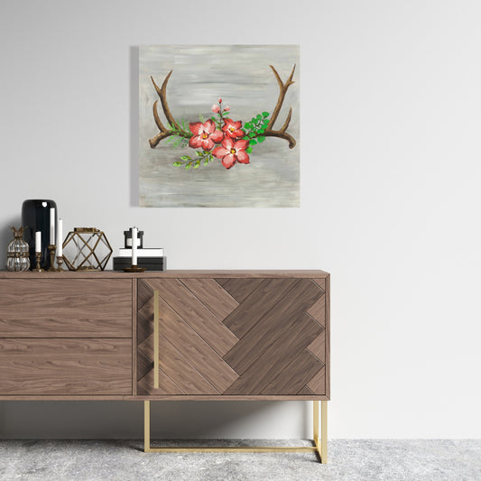 Bohemian Deer Canvas - Deer Horns & Pink Flowers Home Decor