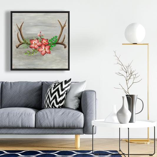 Toile « Cornes de cerf et fleurs roses » | Décoration de chambre animalière