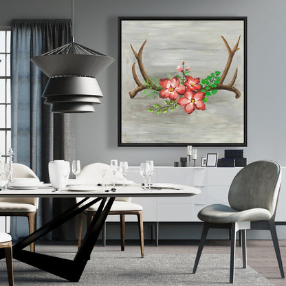 Toile « Cornes de cerf et fleurs roses » | Décoration de chambre animalière