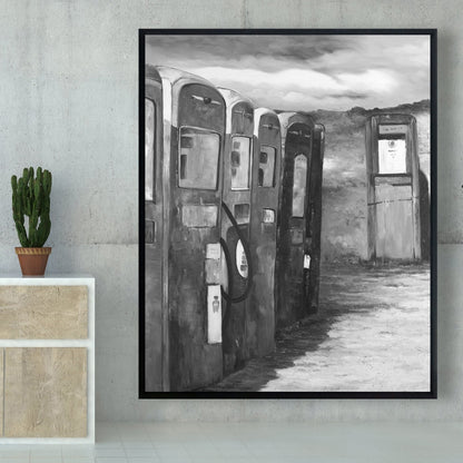 Toile « Pompes à essence anciennes » | Décoration murale monochrome blanche encadrée