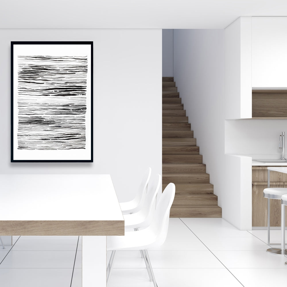 Toile abstraite « Gray Grooves » | Décoration murale encadrée blanche