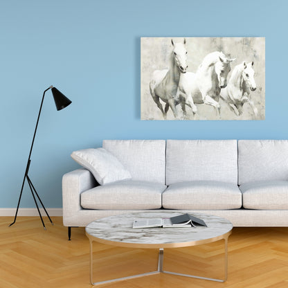 Three White Horses Running Canvas | Western Home Decor Art