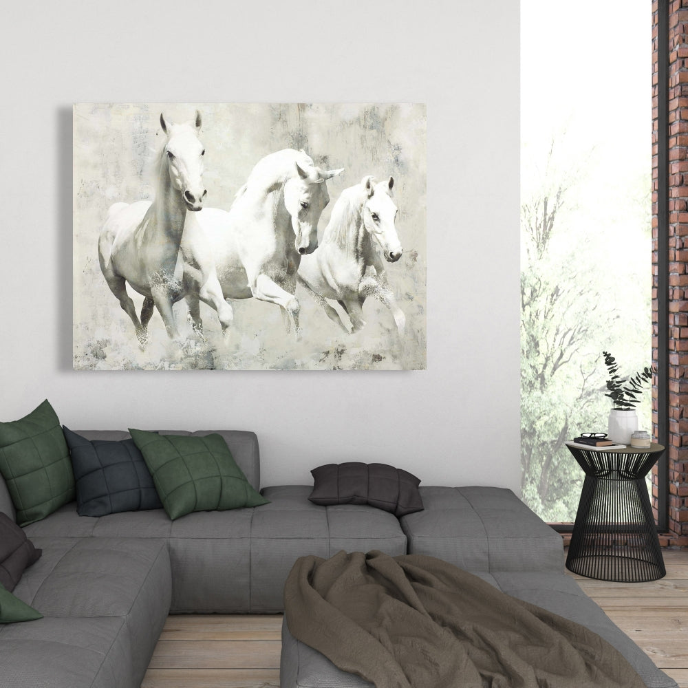 Three White Horses Running Canvas | Western Home Decor Art