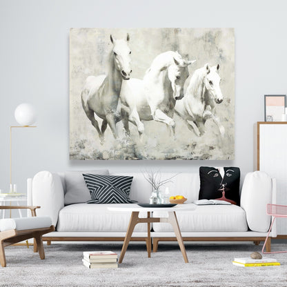 Toile « Trois chevaux blancs au galop » | Décoration de ferme western