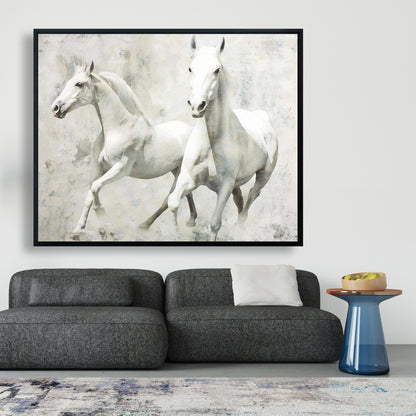 Two White Horses Running | Farm Animals Framed Canvas Decor