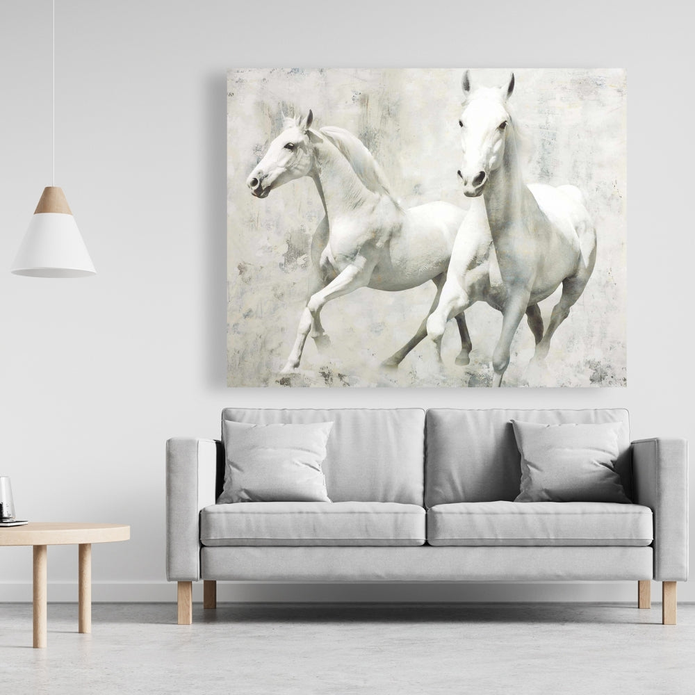 Two White Horse Running Canvas | Western Home Decor Art