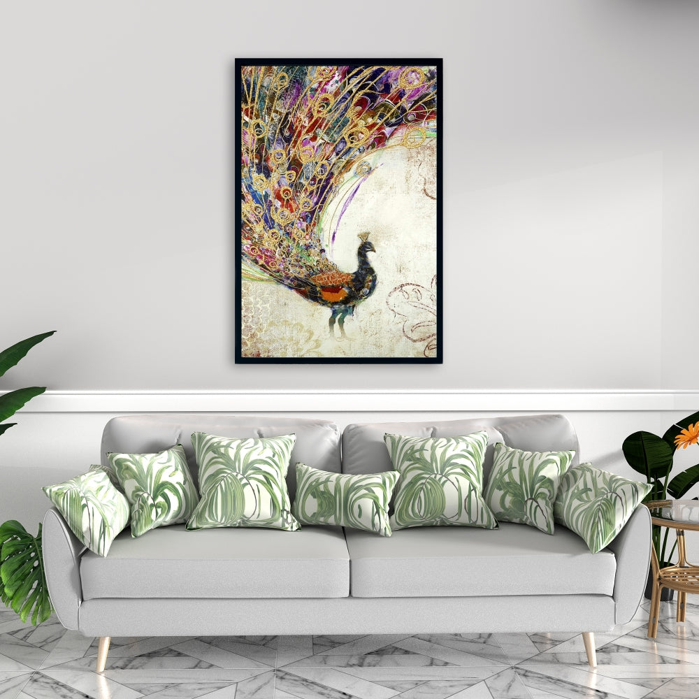 Peacock Gold Feathers Canvas - Orange Animal Decor for Bedroom