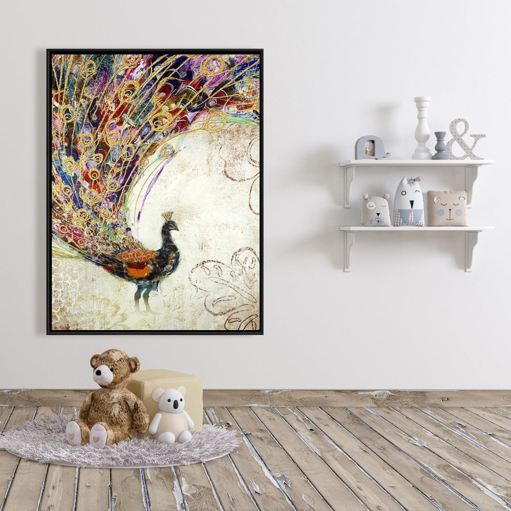 Peacock Gold Feathers Canvas - Orange Animal Decor for Bedroom
