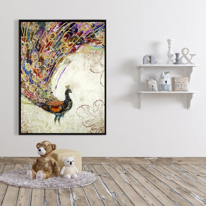 Peacock Gold Feathers Canvas - Orange Animal Decor for Bedroom