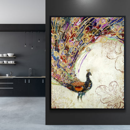 Peacock Gold Feathers Canvas - Orange Animal Decor for Bedroom