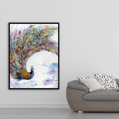 Colorful Peacock with Flowers Framed Canvas | Home Decor Art