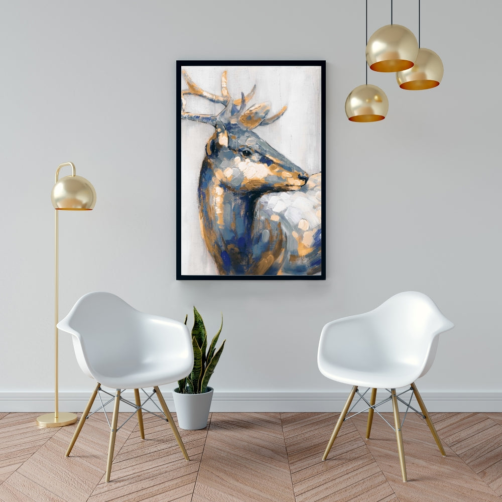 Toile Cerf doré | Décoration de chambre bleue | Art contemporain