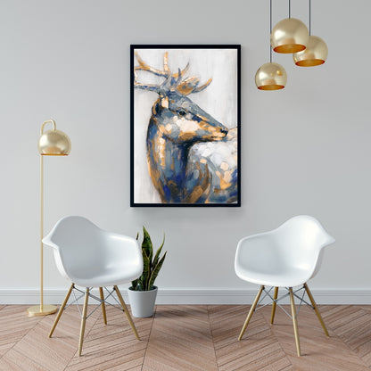 Toile Cerf doré | Décoration de chambre bleue | Art contemporain