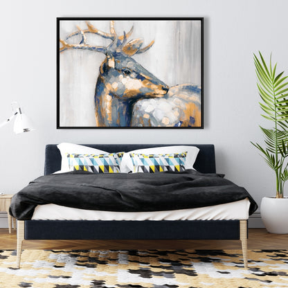 Toile Cerf doré | Décoration de chambre bleue | Art contemporain