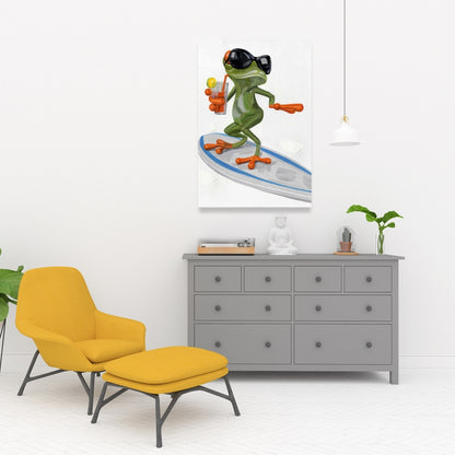 Toile « Grenouille amusante surfant » | Décoration d'intérieur avec cadre vert