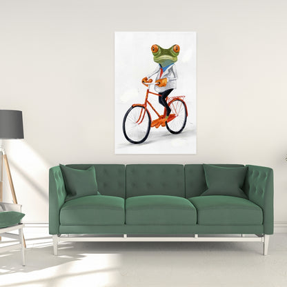 Toile encadrée « Grenouille amusante à vélo » | Décoration d'intérieur