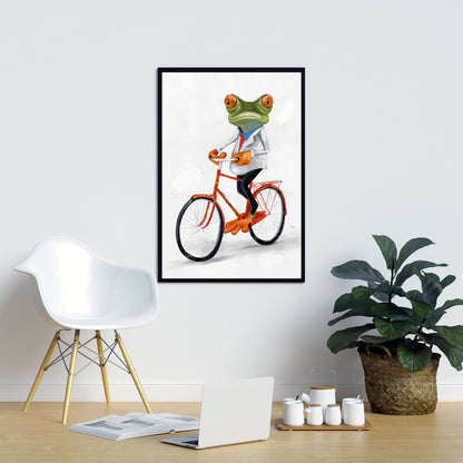 Funny Frog Riding a Bike Framed Canvas | Home Decor Art