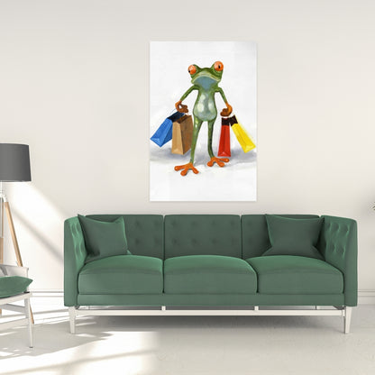 Toile « Grenouille amusante avec des sacs de courses » | Décoration de chambre animalière