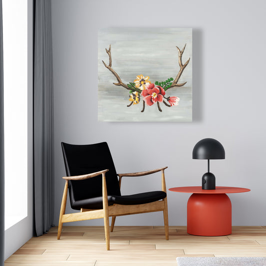 Bohemian Brown Bedroom Canvas | Deer Horns with Flowers Decor