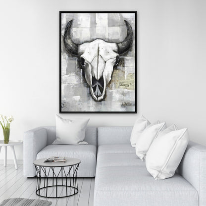 Industrial Bull Skull Canvas | White Bedroom Skull Decor