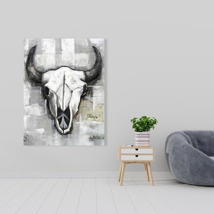 Toile Crâne de taureau blanc – Décoration de chambre de style industriel