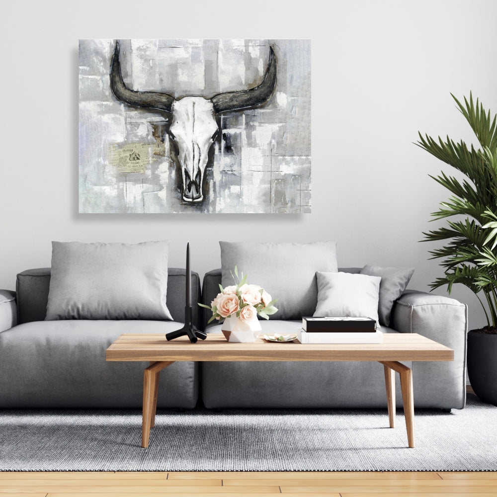 Toile industrielle motif crâne de taureau – Décoration de chambre blanche rustique