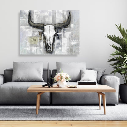 Toile industrielle motif crâne de taureau – Décoration de chambre blanche rustique