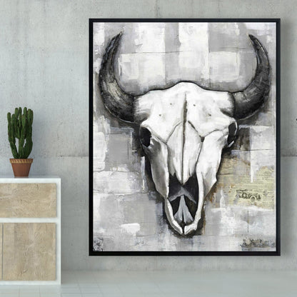 Industrial Bull Skull Canvas | White Bedroom Skull Decor