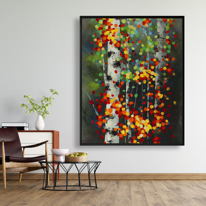 Bouleaux à feuilles pointillées colorées | Décoration de chambre verte sur toile