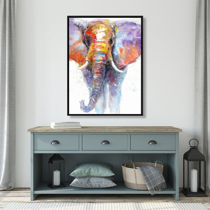 Éléphant marchant coloré | Toile encadrée violette pour chambre